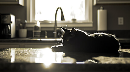 A black cat is laying on a counter in a kitchen