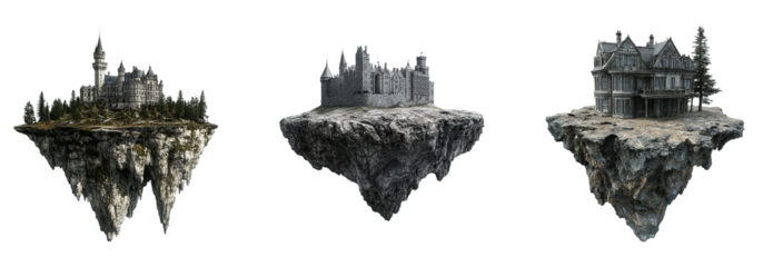 Floating castles illustration on transparent background
