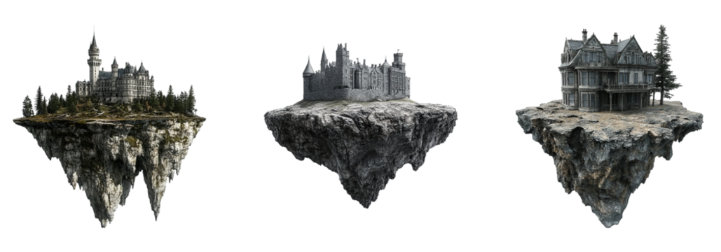 Floating castles illustration on transparent background
