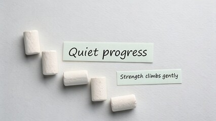 Inspirational message about quiet progress and gradual strength building through simple white elements on a clean background