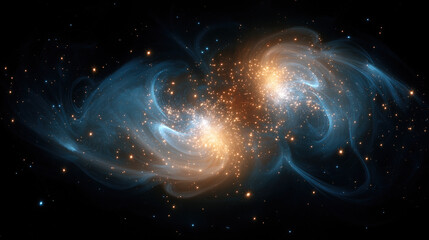 Vast cosmos with golden star-cluster and blue swirling nebulae against deep space, ideal for sci-fi, astronomy themes, and wallpaper design.

