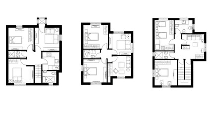 Architectural Floor Plans of Three Different Residential House Layouts
