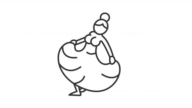 Animated woman performing national Mexican dance line icon. Jarabe Tapatio party animation. Female dancer in long dress. Outline element on white background. HD video with alpha channel