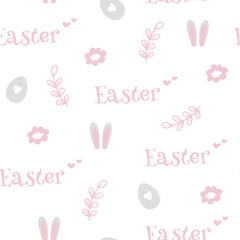 Colorful Easter bunny with eggs and flowers. Easter basket with eggs and sheep. Easter parity and pattern. Easter background for postcard, banner.	