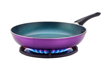 Frying pan on gas stove isolated on transparent background, ready for cooking
