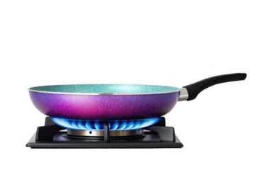 Frying pan on gas stove isolated on transparent background, ready for cooking