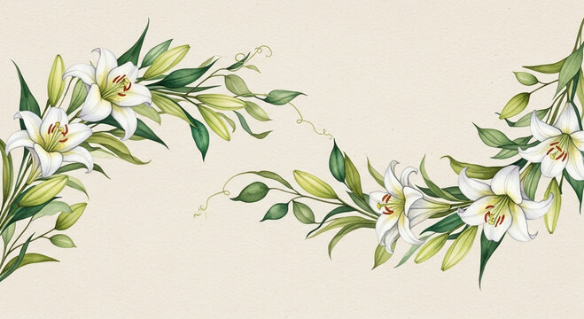 Elegant watercolor illustration of white lily flowers and green leaves forming a decorative border on a beige background.