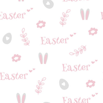 Colorful Easter bunny with eggs and flowers. Easter basket with eggs and sheep. Easter parity and pattern. Easter background for postcard, banner.	