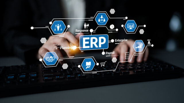 A modern business person interacts with a digital ERP interface, emphasizing the integration of enterprise management and technology in dynamic workflows. Tessel