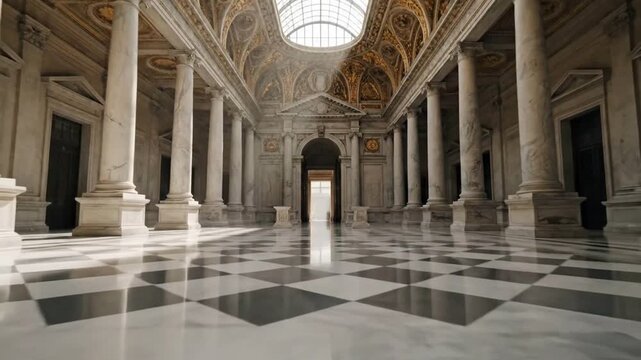 A grand, empty hall with marble columns, a checkered floor, and a skylight in a classical architectural style.