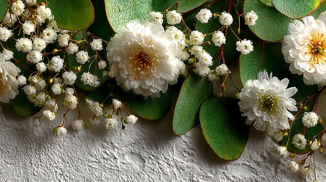 Delicate White Flowers and Green Eucalyptus Leaves on Textured Surface gypsophila - Powered by Adobe