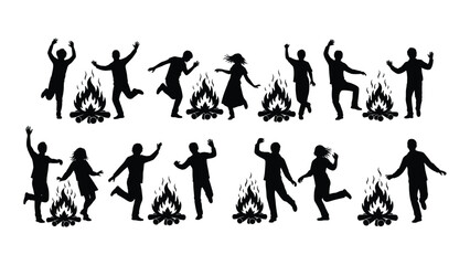 People dancing around campfires silhouettes isolated on white background, Vector