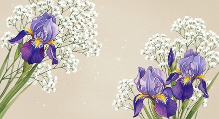 Elegant illustration of purple irises and delicate white baby's breath flowers on a soft beige background, perfect for a floral design.