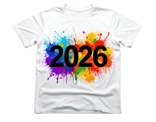 Colorful 2026 Typography with Paint Splash Art on Minimal White T-Shirt isolated on transparent background