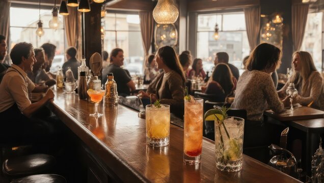 Busy bar scene with cocktails and diners - Powered by Adobe