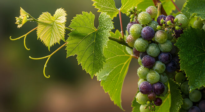 Close up view of grapes growing on a vine with green leaves. - Powered by Adobe