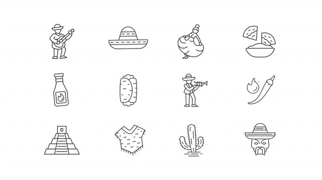 Animated Mexican culture line icons. Traditions of Mexico animation set. South American country lifestyle. Travel destination. Outline elements on white background. HD video with alpha channel