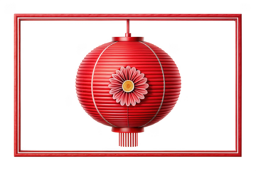 Chinese red lantern with flower isolated on transparent background