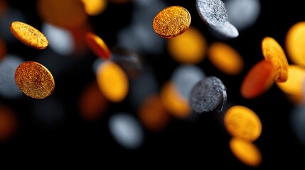 Abstract digital art of floating cryptocurrency symbols in conceptual space