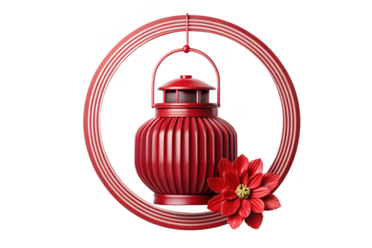 Festive red lantern with poinsettia isolated on transparent background - Powered by Adobe