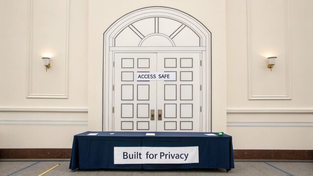 Registration Table with Signage in Light Hall Setting Promoting Privacy and Safety for Attendees in a Conference Environment