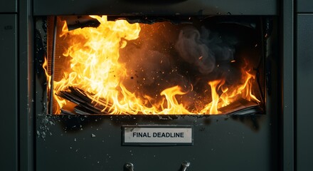 Documents engulfed in flames inside a file cabinet labeled Final Deadline.