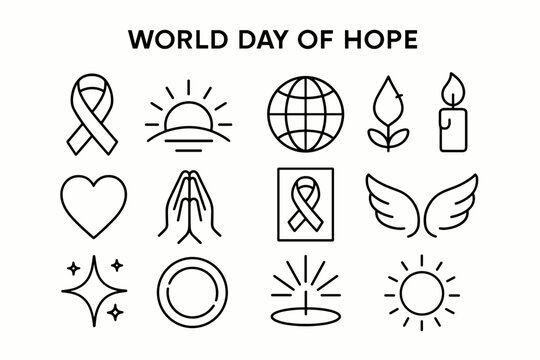 World Hope Icons. World Day of Hope outline icon set: red ribbon, sunrise horizon, globe, candle flame, heart symbol, hands together, awareness poster, wings, star spark, healing