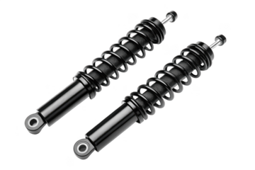 Two black shock absorbers for motorcycle isolated on transparent background