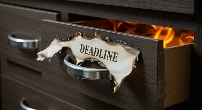 A burning paper with Deadline written on it attached on a drawer in the darkness