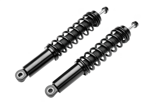 Two black shock absorbers for motorcycle isolated on transparent background