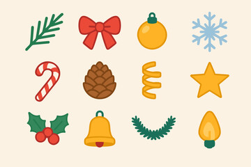 Festive Christmas Icons. Christmas Pine Garland modern flat icon set: pine branch, red bow, golden ornament, snowflake, candy cane, pinecone, ribbon curl, star, holly berries, bell