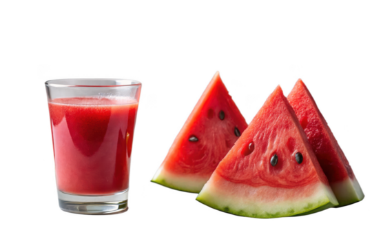 Fresh watermelon juice and slices isolated on transparent background