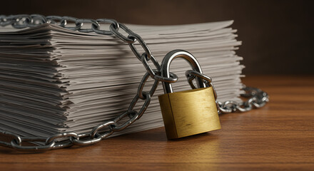 Confidential Documents Security: Stack of Paperwork Locked with Chain and Padlock on Wooden Desk. Data Protection, Information Privacy Concept.