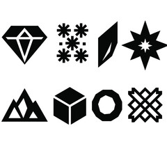 Geometric Winter Icons. Geometric Winter Shapes bold vector icon set: diamond frost shape, snowflake grid, angular ice shard, symmetrical star, polygonal mountain, crystal cube,