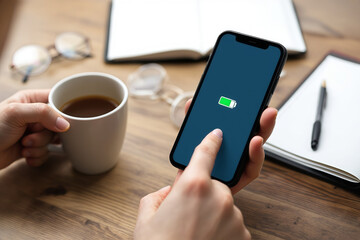 Smartphone Charging on Wooden Desk: Coffee, Glasses, and Notepad in Background - Mobile Phone Battery Icon Displayed