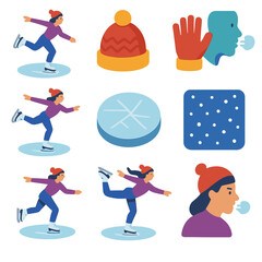 Winter Workout Icons. Winter Workout modern flat icon set: ice skater in motion, gliding pose, wool hat, gloves, frosty breath, icy surface, snow backdrop, dynamic balance,