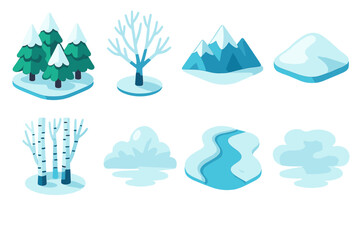 Isometric Winter Forest Icons. Winter Forest modern flat icon set: pine trees with snow, frosted branches, snowy hill, birch grove, distant mountains, snow-covered path, frozen