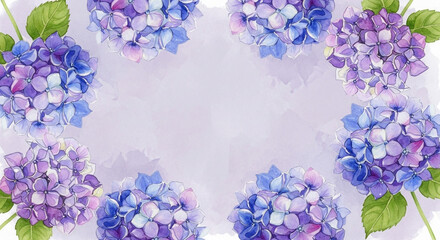 Watercolor hydrangea flower frame with purple and blue blossoms.