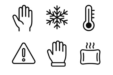 Frostbite Awareness Icons. Frostbite Awareness outline icon set: hand icon, snowflake, thermometer, warning sign, glove, hot pack.