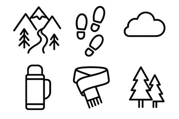 Frosty Adventure Icons. Frosty Trail Adventure outline icon set: mountain path, footprints, thermos, scarf, cloud, forest.