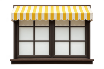 Window with yellow and white striped awning isolated on transparent background