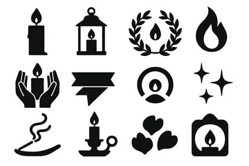 Brutalist Candlelight Icons. Candlelight Ceremonies Set bold vector icon set: single candle, glowing lantern, wreath, flame, hands holding candle, ribbon, soft light, stars,