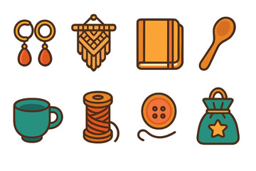 Colorful Craft Icons. Handmade Goods modern flat icon set: jewelry, macramé, notebook, wooden spoon, ceramic cup, spool of thread, button, gift bag.