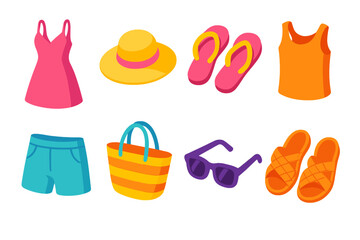 Summer Wardrobe Icons. Summer Wardrobe modern flat icon set: sundress, straw hat, flip-flops, tank top, shorts, beach bag, sunglasses, woven sandals.