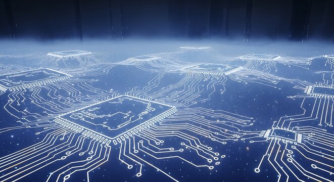 Abstract digital circuit board design with glowing lines and structures.