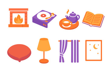 Cozy Evening Icons. Evening Ambience modern flat icon set: fireplace glow, record player, tea set, reading book, floor cushion, dim lamp, curtain drape, night sky outside.