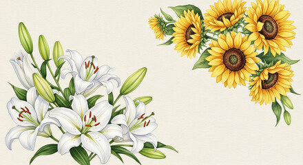 A beautiful arrangement of white lilies and bright yellow sunflowers on a light background.