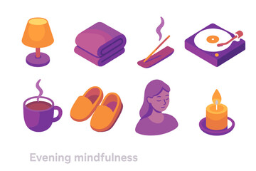 Mindfulness Evening Icons. Evening Mindfulness modern flat icon set: dim lamp, blanket fold, incense smoke, record player, cup of cocoa, slippers, peaceful shadow, glowing candle.