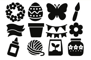 Spring Craft Icons. Spring Crafts Set bold vector icon set: flower wreath, painted egg, butterfly cutout, watercolor brush, pastel ribbon, garden pot, paper garland, fabric flower,