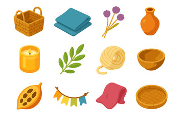 Natural Home Decor Icons. Natural Home Accents modern flat icon set: woven basket, linen cloth, dried flowers, clay vase, candle jar, leaf branch, cotton rope, wooden bowl, seed